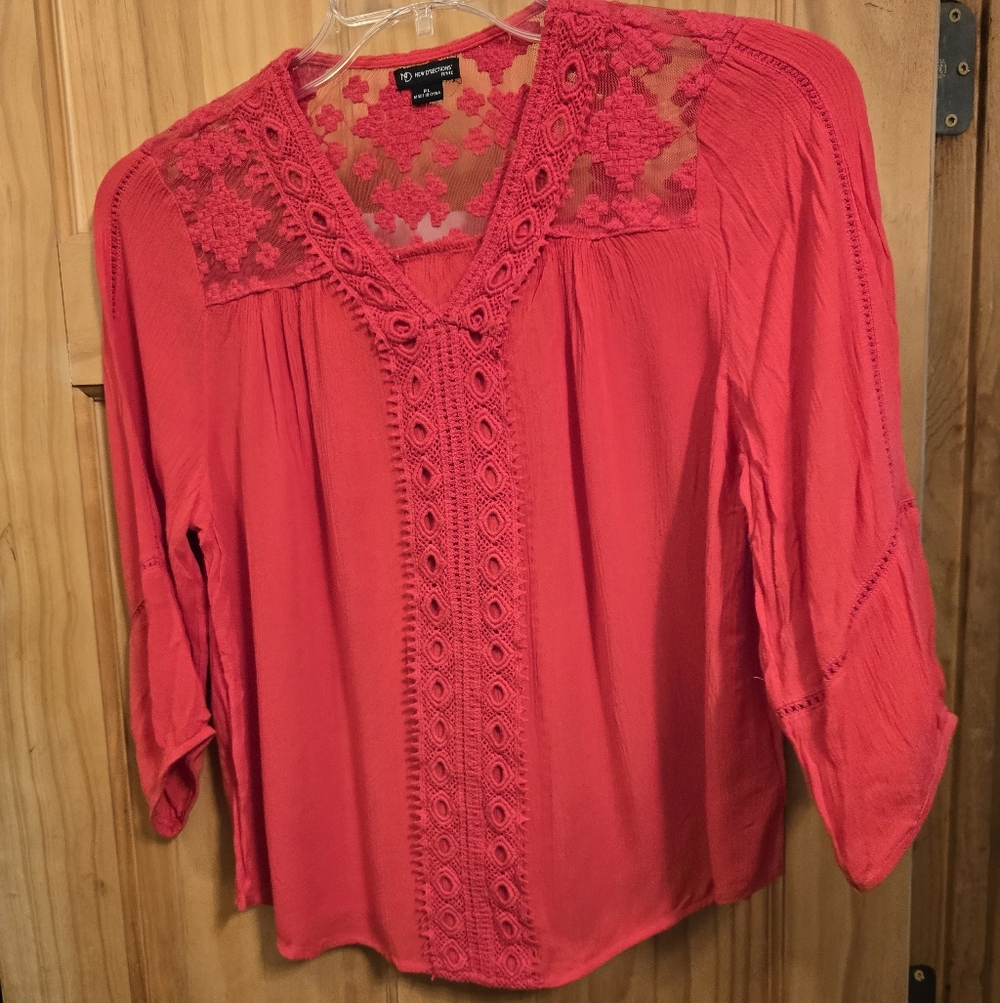 New Direction Red Lace Accent Blouse Large Petite